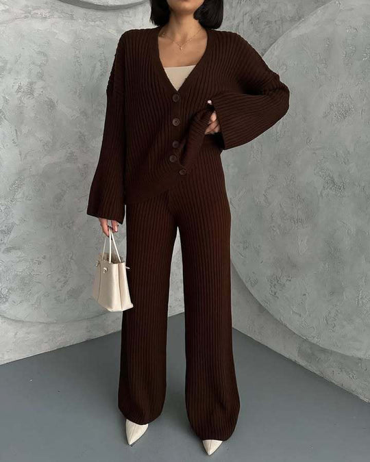 Damen Rippstrick-Cardigan mit überlangen Ärmeln und passender High-Waist-Loungehose EB