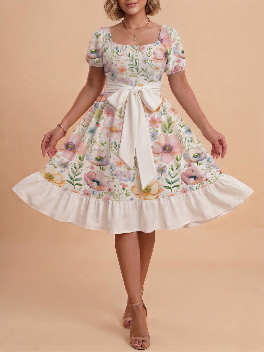 Damen elegantes Maxikleid mit floralem Design und Taillengürtel EB