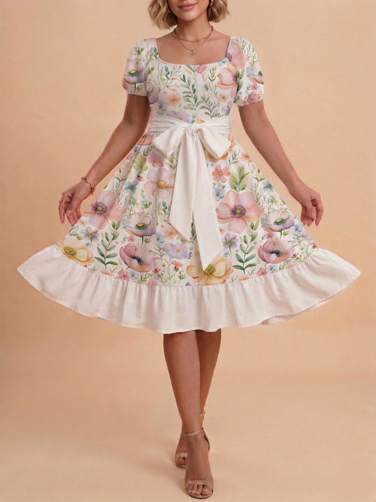 Damen elegantes Maxikleid mit floralem Design und Taillengürtel EB