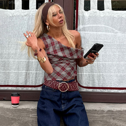 Damen Karo-Crop-Top mit lässigem Schnitt EB
