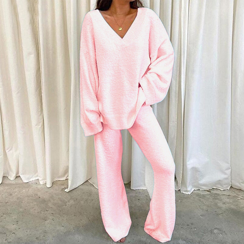 Damen Bequemes Fleece-Loungewear-Set mit V-Ausschnitt EB