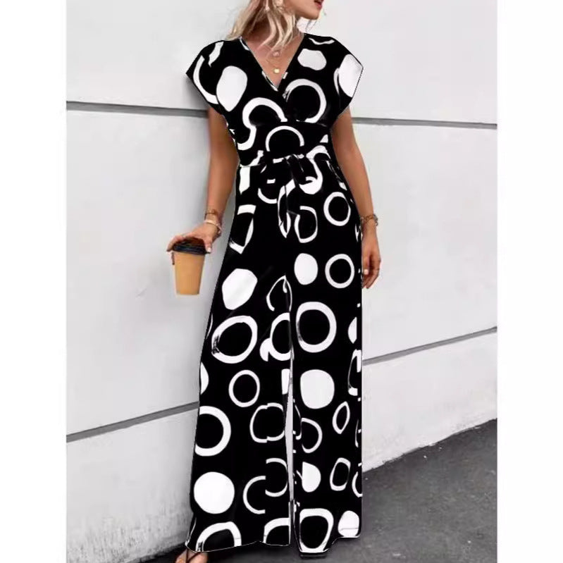 Damen Modischer Jumpsuit mit kurzem Arm und tiefem V-Ausschnitt EB