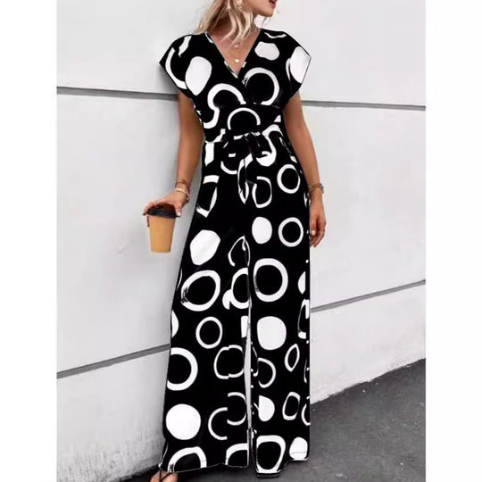 Damen Modischer Jumpsuit mit kurzem Arm und tiefem V-Ausschnitt EB