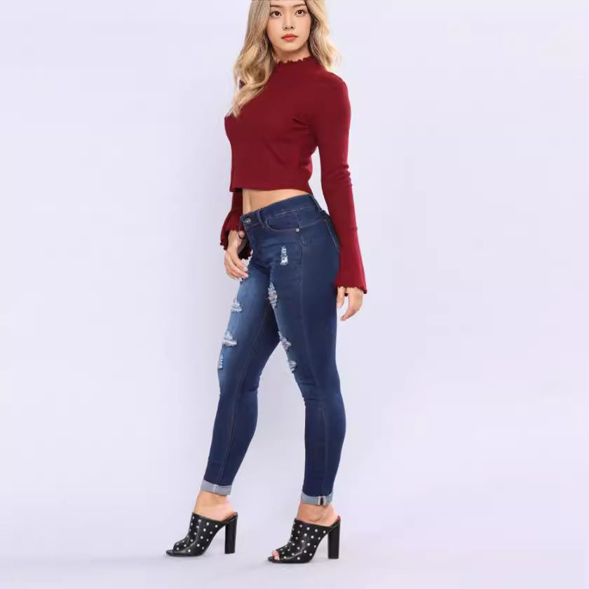 Damen nan hochgeschnittene Skinny-Jeans mit Destroyed-Details und umgeschlagenem Knöchelabschluss EB