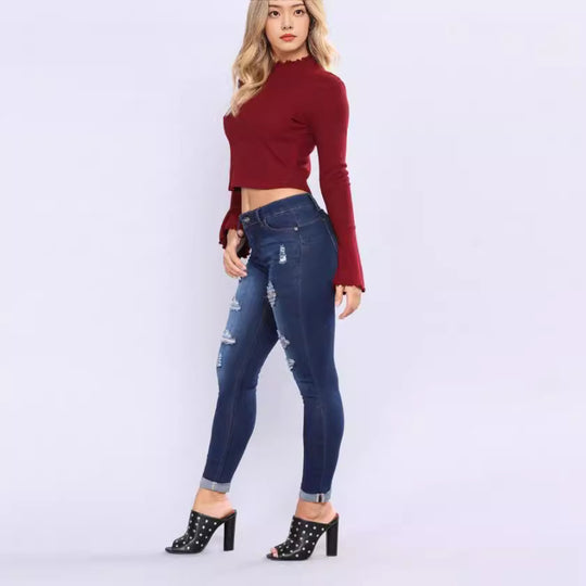 Damen nan hochgeschnittene Skinny-Jeans mit Destroyed-Details und umgeschlagenem Knöchelabschluss EB