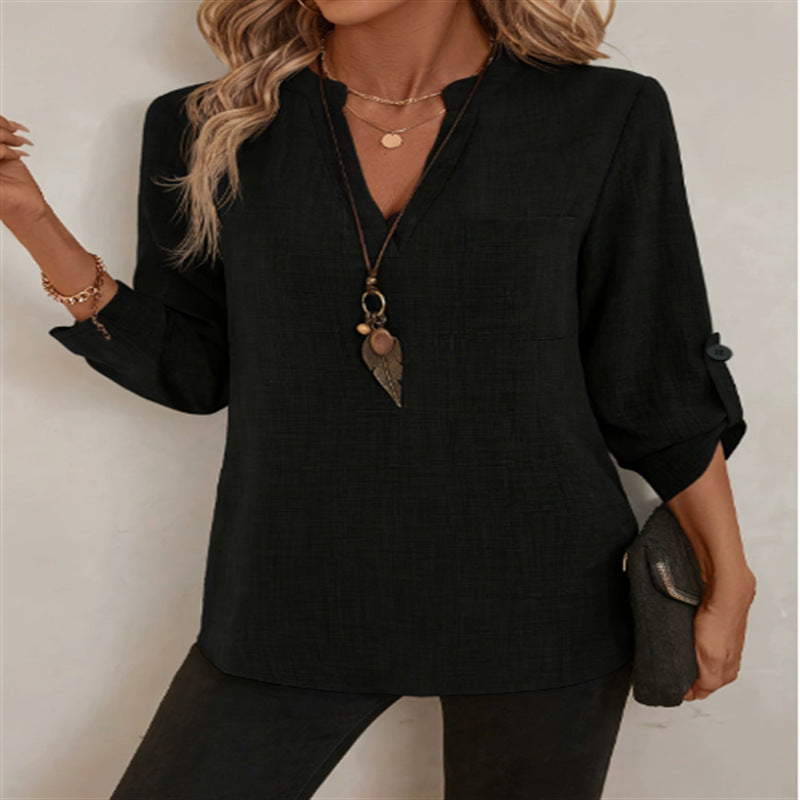 Damen nan lässige Leinenoptik Bluse mit V-Ausschnitt, Brusttasche und krempelbaren Ärmeln EB