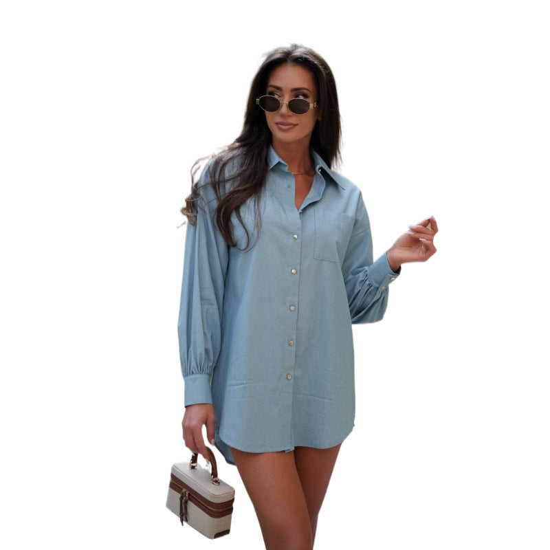 Damen lässiges Button-Up-Shirt mit Ballonärmeln EB