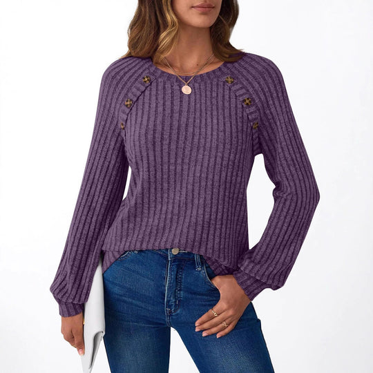 Damen Pullover mit dekorativen Knöpfen und strukturiertem Rippdesign EB