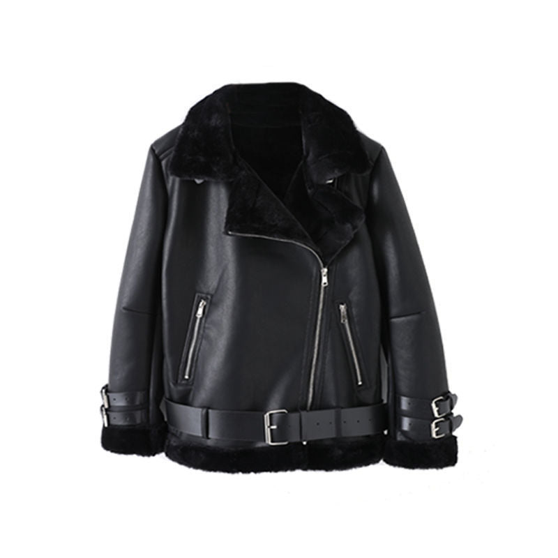 Damen modische jacke mit Kunstfellkragen und asymmetrischem Reißverschluss EB