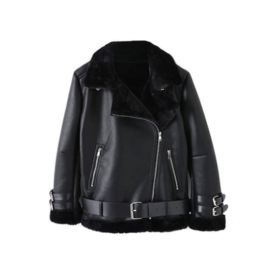 Damen modische jacke mit Kunstfellkragen und asymmetrischem Reißverschluss EB