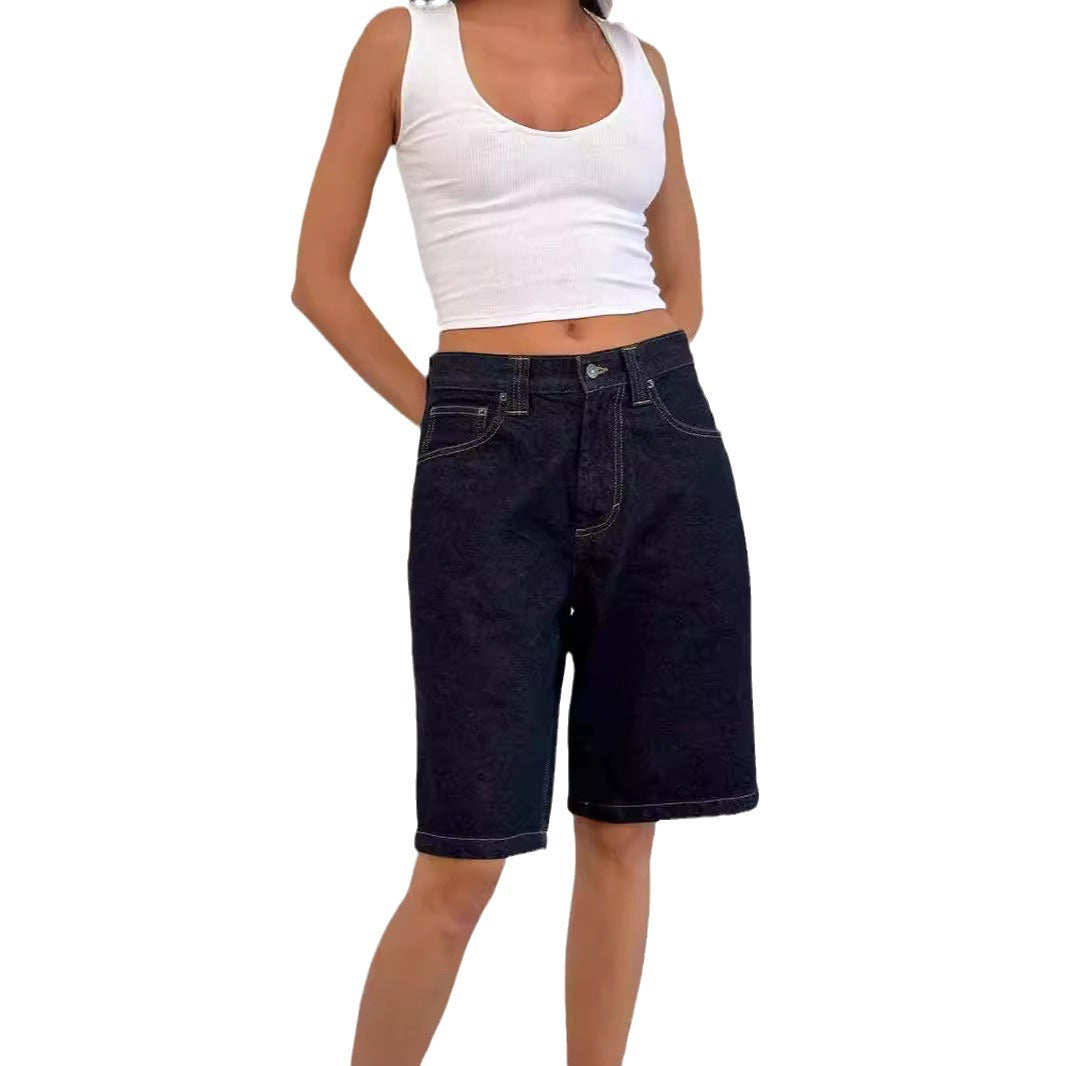 Damen lässige Denim-Shorts mit weitem Schnitt und hohen Seitentaschen EB