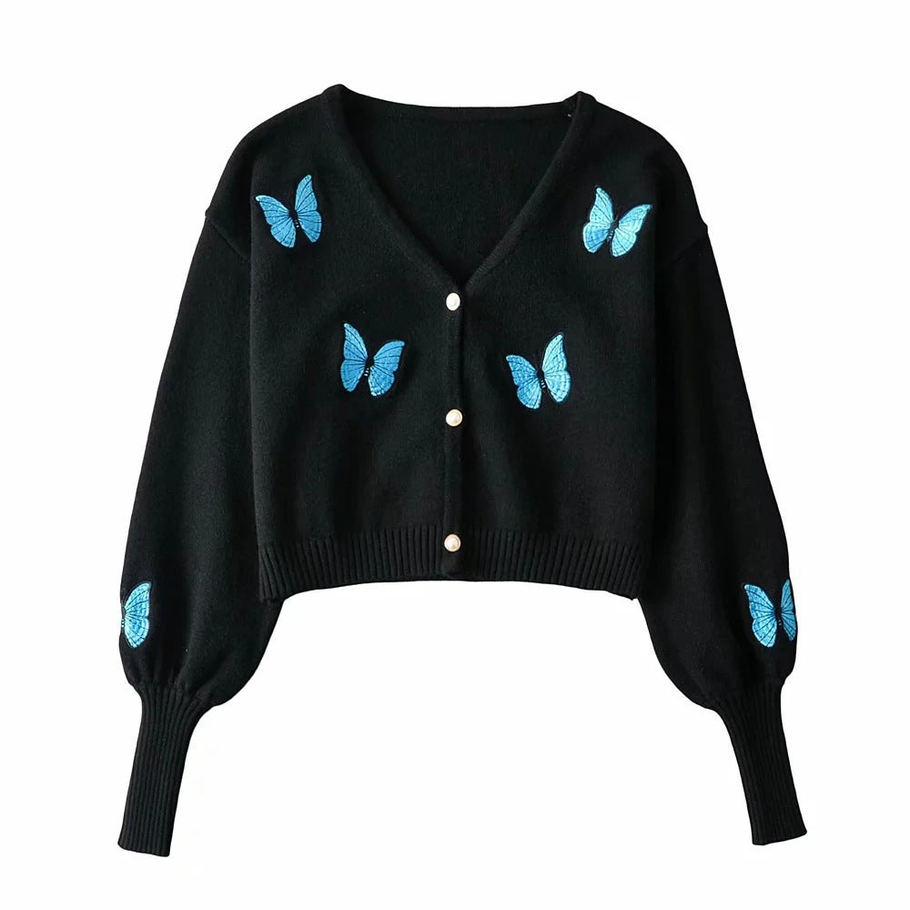 Damen Kurze Strickjacke mit floralem Stickdesign EB