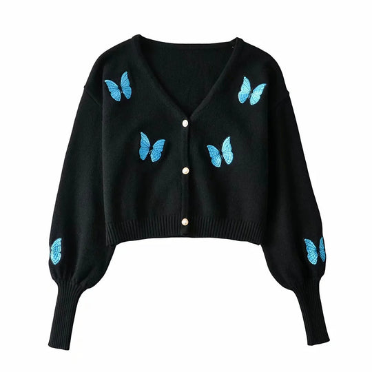 Damen Kurze Strickjacke mit floralem Stickdesign EB