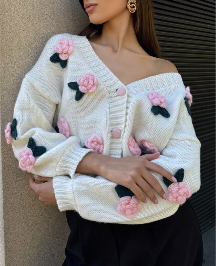 Damen Strickjacke mit floralem Stickdesign und geripptem Bund EB