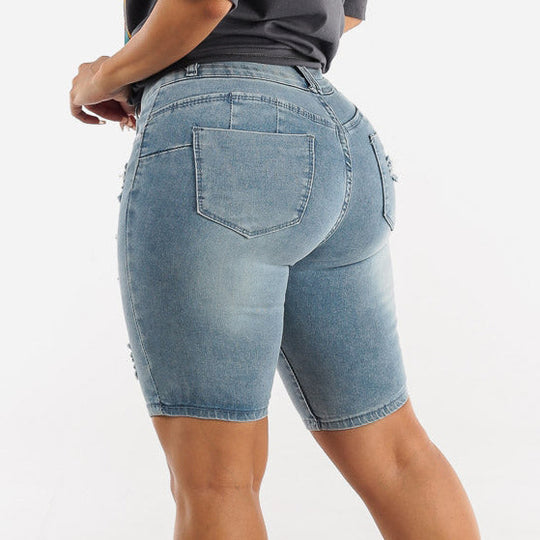 Damen Jeansbermuda mit hohen Bund und Destroyed-Details EB