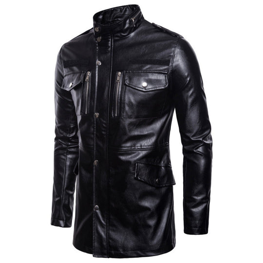 Herren lange Lederjacke mit praktischen Taschen EB