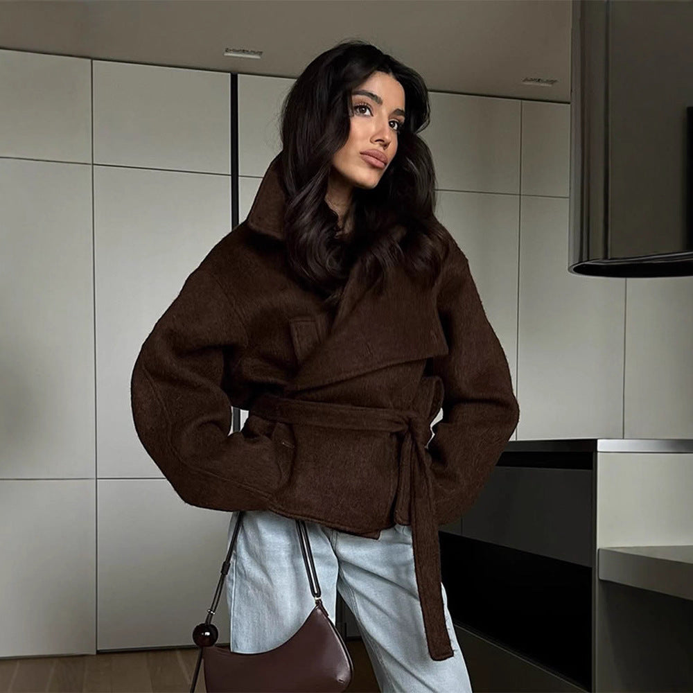 Damen elegante Oversized-Wolljacke mit Gürtel EB