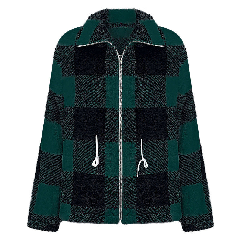 Damen kuschelige Oversize-Jacke mit kariertem Muster EB
