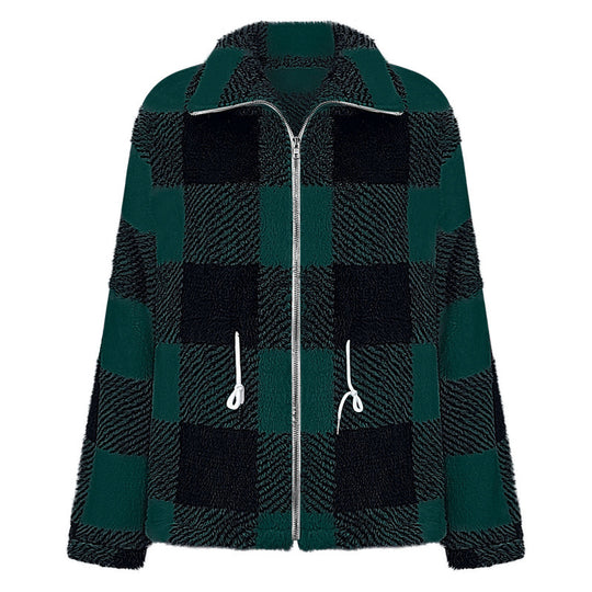 Damen kuschelige Oversize-Jacke mit kariertem Muster EB