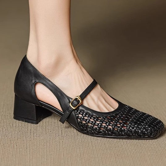 Damen elegante Mary Jane Pumps mit modischem Geflecht und bequemem Blockabsatz EB