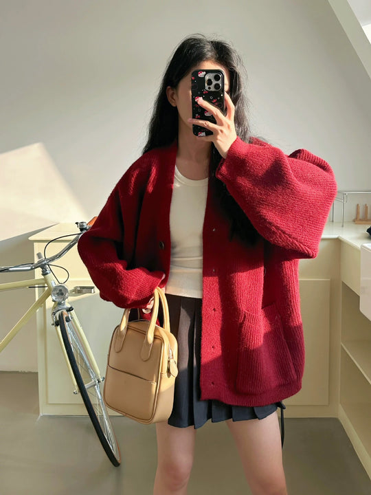 Damen Gemütliche Strickjacke mit großen Taschen und Knopfdetail EB