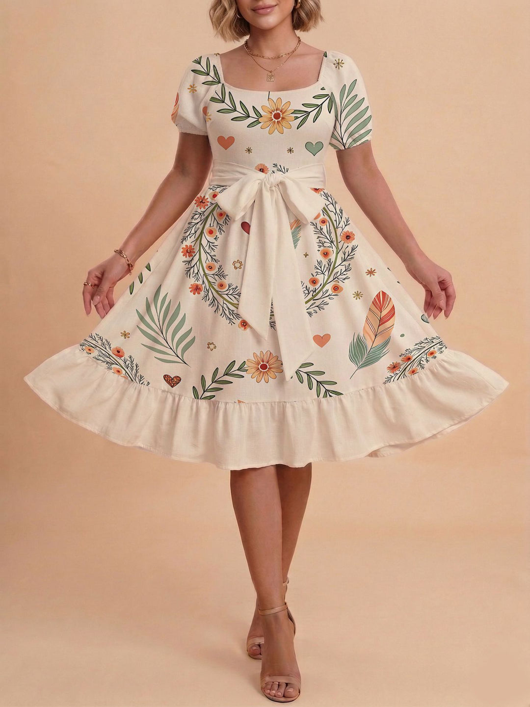 Damen Verspieltes Maxikleid mit Bärenmuster und taillierbarem Band EB