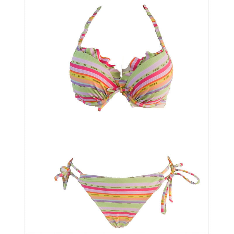 Damen Bunte Streifen-Bikini mit verspielten Rüschendetails R&B