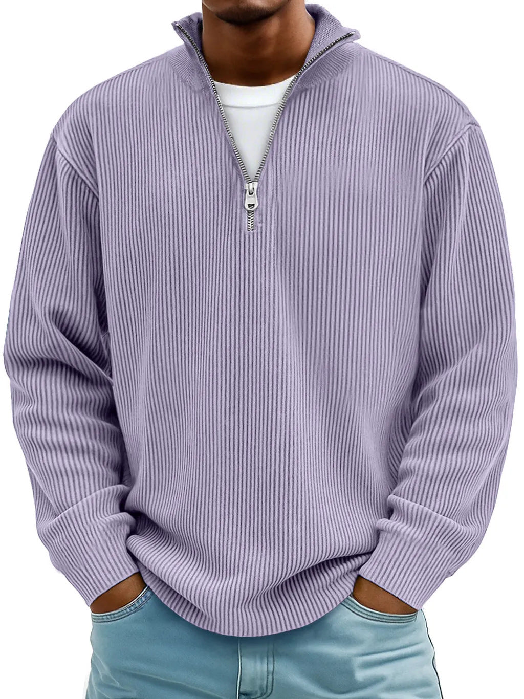 Herren nan gerippter Strickpullover mit halbem Reißverschluss und Stehkragen EB