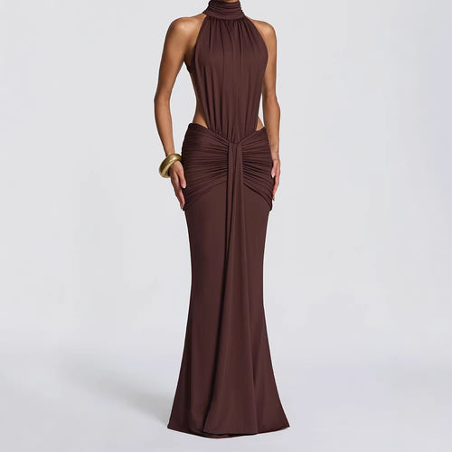 Damen Elegantes Maxikleid mit drapiertem Vorderteil und hochgeschlossenem Design EB
