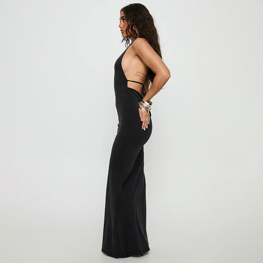 Damen elegantes Maxikleid mit haltem Ausschnitt und figurbetontem Schnitt EB