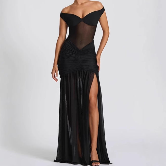 Damen Elegantes Off-Shoulder Maxikleid mit Rüschendetails und hohem Schlitz EB