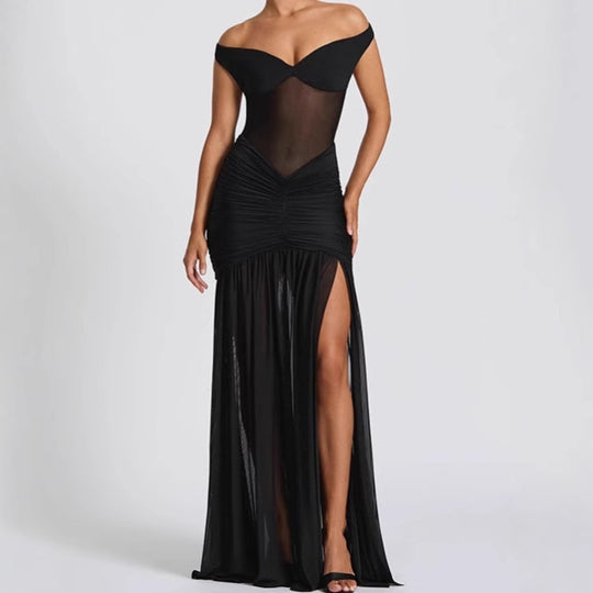 Damen Elegantes Off-Shoulder Maxikleid mit Rüschendetails und hohem Schlitz EB