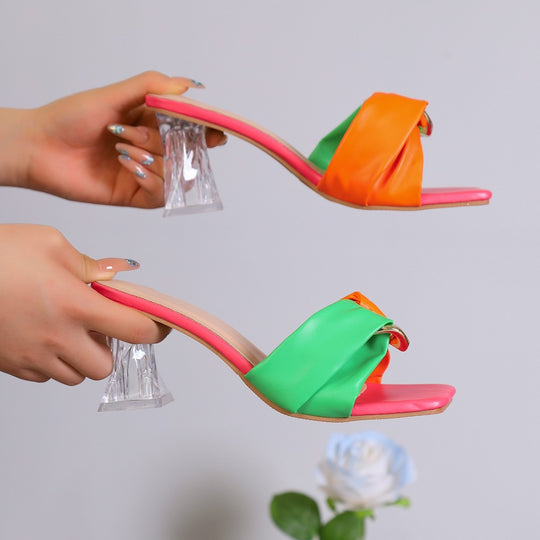 Damen Elegante Mules mit modischer Schleifen-Applikation und transparentem Blockabsatz EB