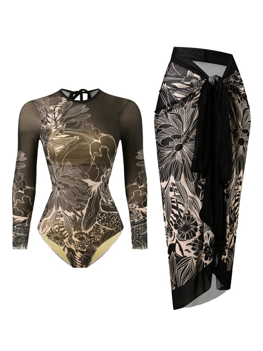 Damen Badeanzug mit elegantem transparentem Wickelrock EB