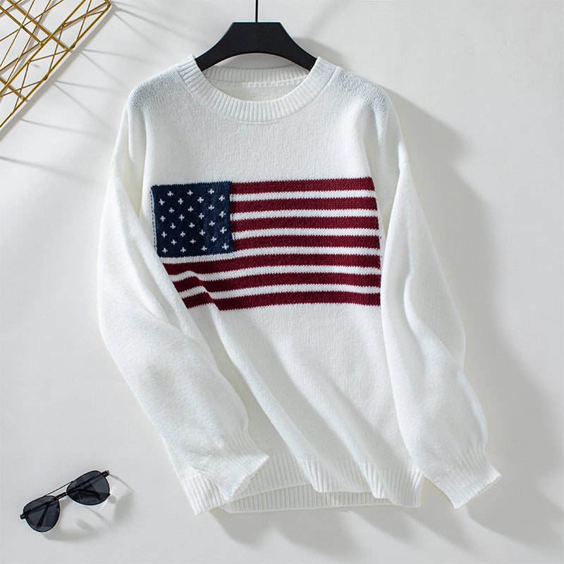 Damen Strickpullover mit Flaggenmotiv und Rundhalsausschnitt EB