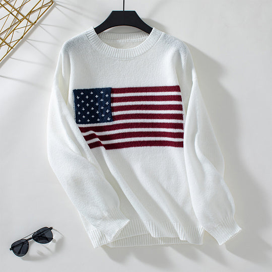 Damen Strickpullover mit Flaggenmotiv und Rundhalsausschnitt EB