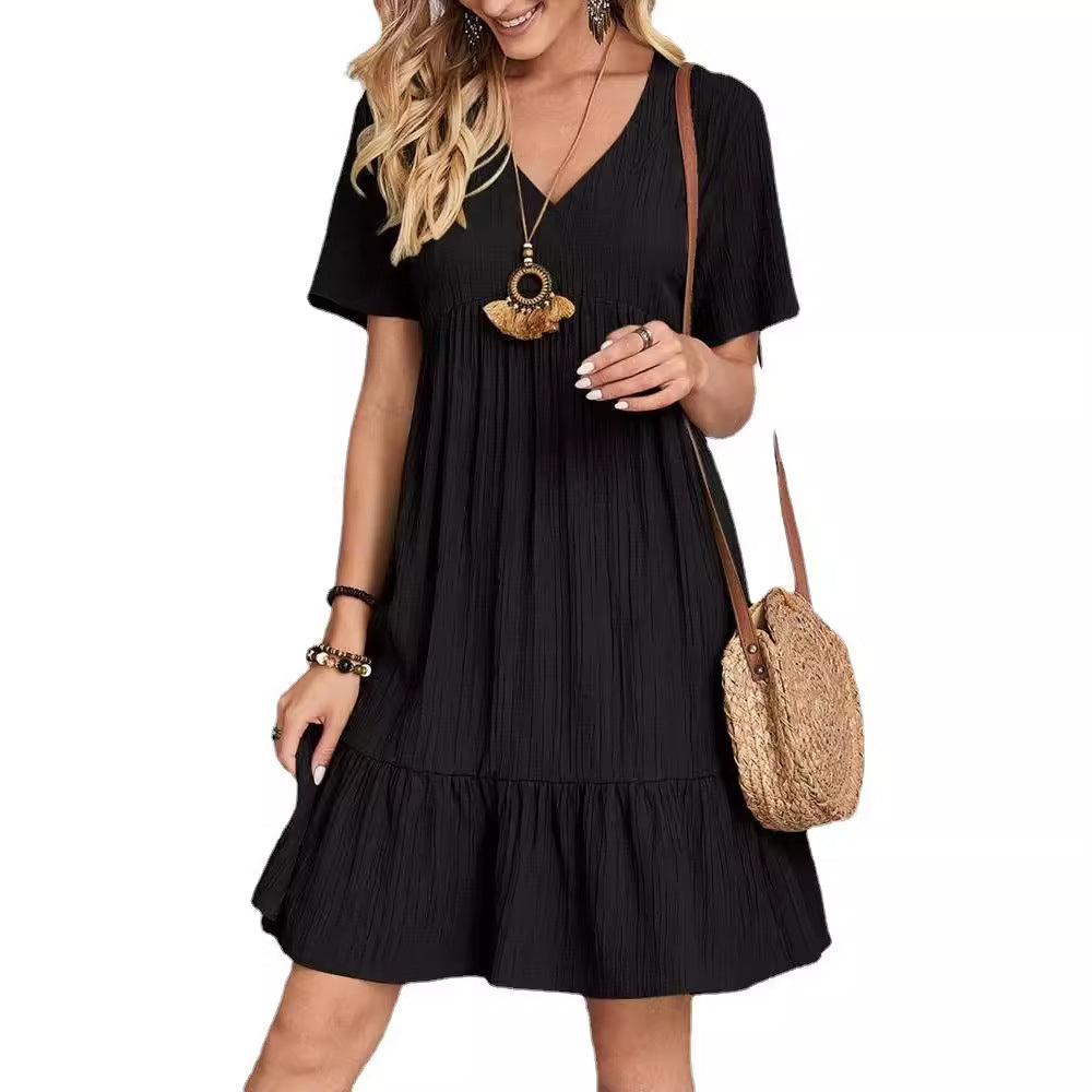 Damen lässiges V-Ausschnitt Kleid mit Schößchen und Rüschendetails EB