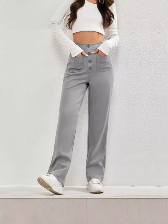 Damen Hochtaillierte Chinohosen mit Knopfleiste EB