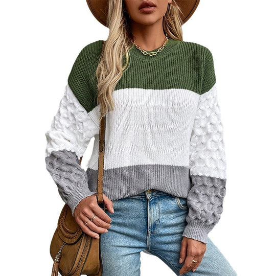 Damen modischer Pullover mit strukturierten Ärmeln und Blockstreifen EB