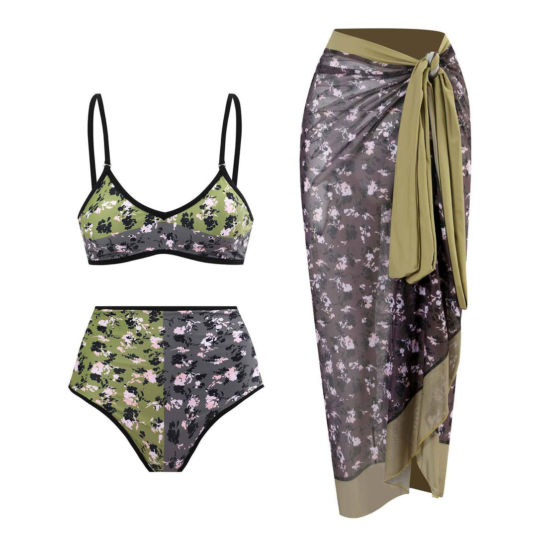 Damen Hochgeschnittener Bikini mit floralem Muster und kontrastierendem Detail EB