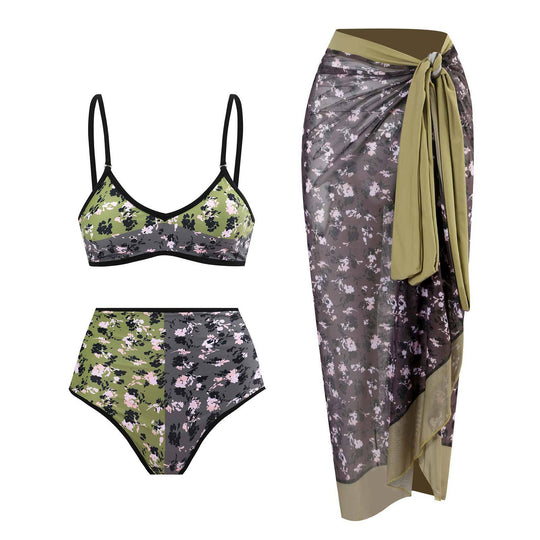 Damen Hochgeschnittener Bikini mit floralem Muster und kontrastierendem Detail EB