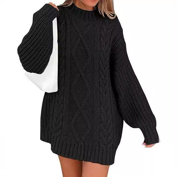 Damen Grobstrick Pulloverkleid mit asymmetrischem Saum und Zopfdesign EB