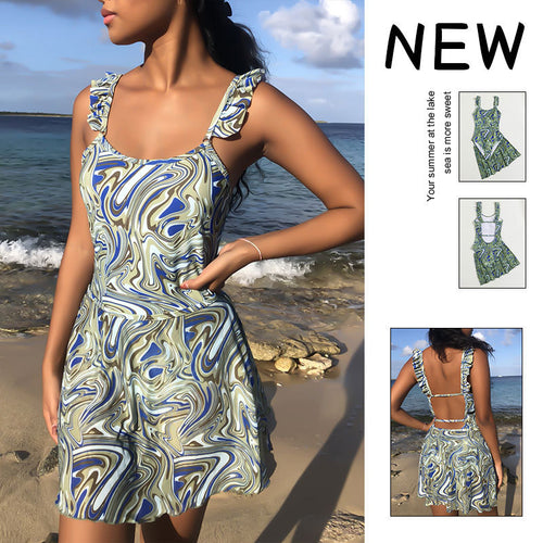 Damen verspielter Badeanzug mit Rüschendetails und Marmor-Design EB