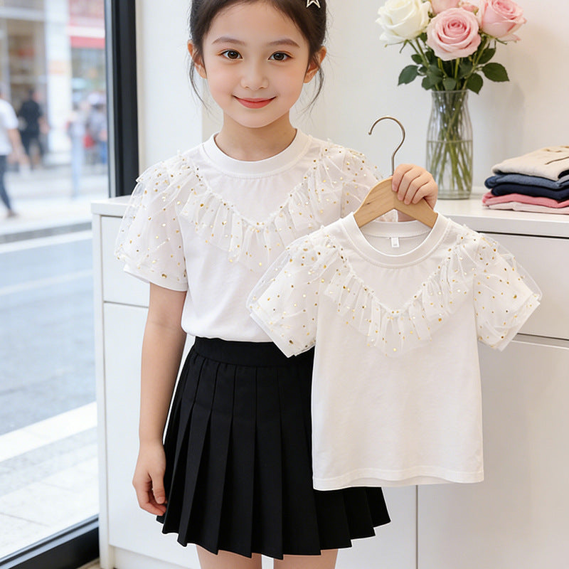 Mädchen T-Shirt mit Rüschendetails und transparenten Puffärmeln EB