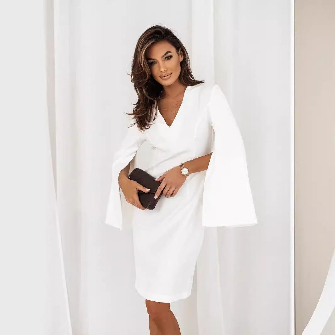 Damen Elegant geschnittenes Wickelkleid mit auffälligen Trompetenärmeln und V-Ausschnitt EB