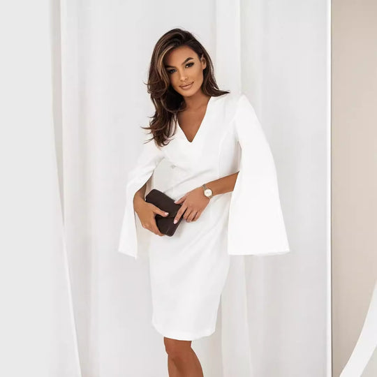 Damen Elegant geschnittenes Wickelkleid mit auffälligen Trompetenärmeln und V-Ausschnitt EB