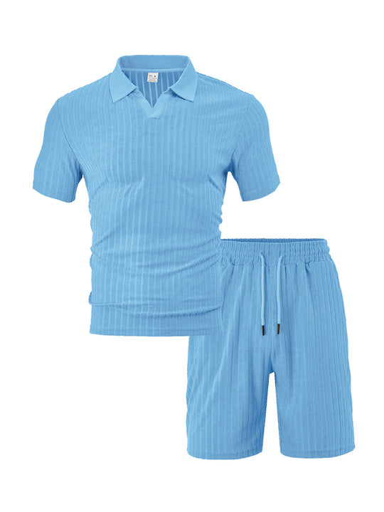 Herren nan Strick-Lounge-Ensemble mit Polokragen V‑Einsatz und Tunnelzug-Bermudas EB