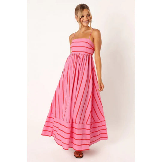 Damen Maxikleid mit feinen Streifen und elastischem Taillenbund EB