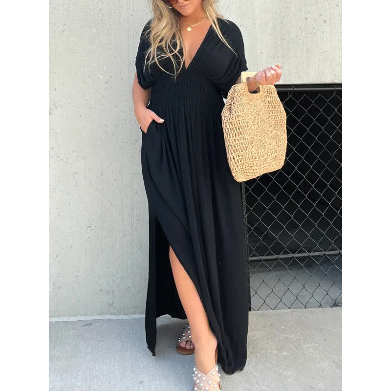 Damen Maxikleid mit tiefem V-Ausschnitt und praktischen Seitentaschen EB