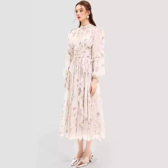 Damen Midi-Kleid mit floralen Stickereien und elegantem Rüschensaum EB